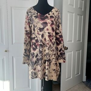 Elena Wang Floral Beige, Burgundy & Black Long Tunic or Dress Size Medium